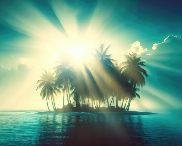 Foto raggi di sole all'interno dell'isola di palme da cocco sul tranquillo mare tropicale