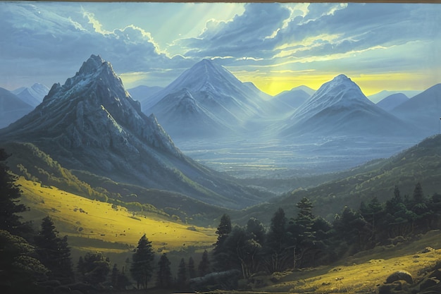 Sun rays mountain landscape