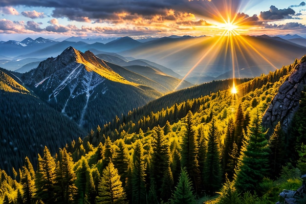 Photo sun rays mountain landscape