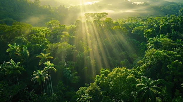 Foto i raggi del sole attraversano la densa copertura di una lussureggiante foresta pluviale tropicale verde che evidenzia la sua vibrante bellezza