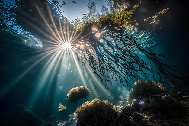 A sun rays shine through the branches of a seaweed.