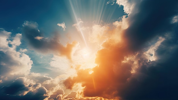 A sun rays shine through the clouds in the sky.