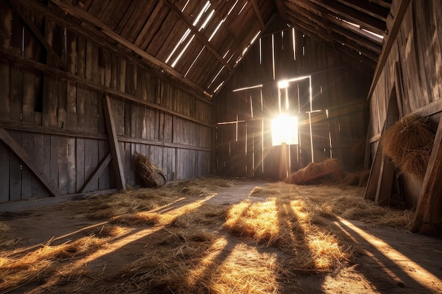 Sun rays shining through cracks in a barn wall created with generative ai