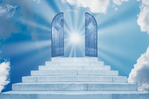 Sun rays shining through door on sky on marble staircase with stairs in abstract luxury architecture Religious concept