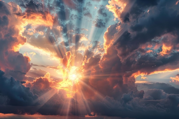 信仰と希望を象徴する ドラマチックな雲を通る太陽の光