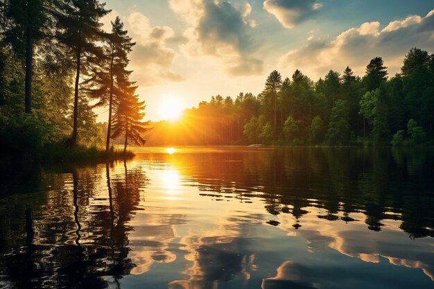 Sun reflection on the surface of a calm pond with lily pads