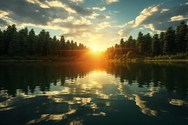 Sun reflection on the surface of a calm pond with lily pads