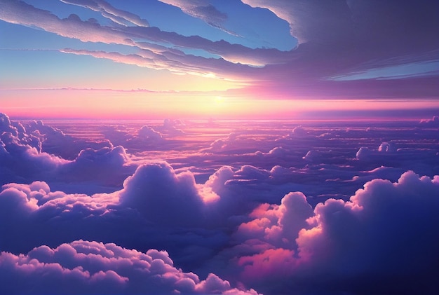 Sun Rise in Cloudy Sky Background Dramatic Sunrise Airplane View Above Clouds Generative AI Illustration