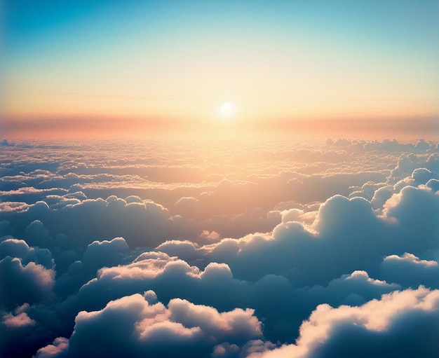 Sun Rise in Cloudy Sky Background Dramatic Sunrise Airplane View Above Clouds Generative AI Illustration