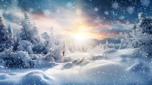 太陽が朝に雪の森の上に昇る