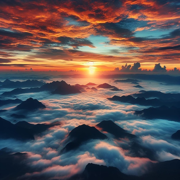 The sun rises above the clouds and mountain peaks