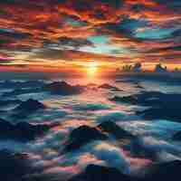 Photo the sun rises above the clouds and mountain peaks