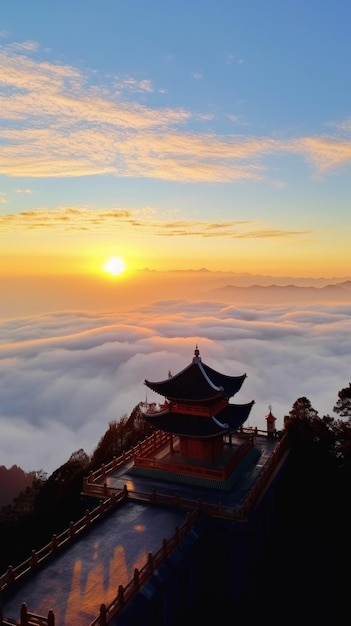 The sun rises over the clouds and the temple of the sun.