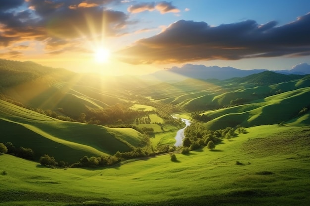 The sun rises over a hillside with grassy fields and an area with a hill AI generative