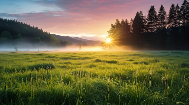 The sun rises above the horizon casting a golden glow over rolling meadows shrouded in morning mist