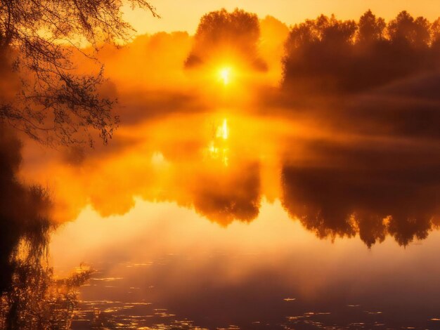 Photo the sun rises over a lake in the morning