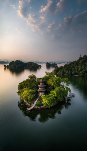 The sun rises over the lake in the summer