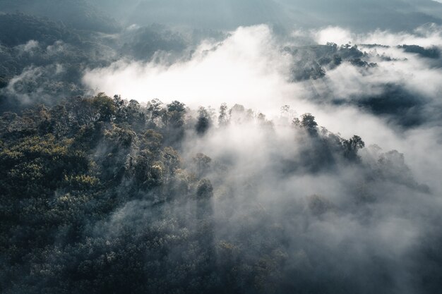 The sun rises in the mist and mountains in the morning,morning fog