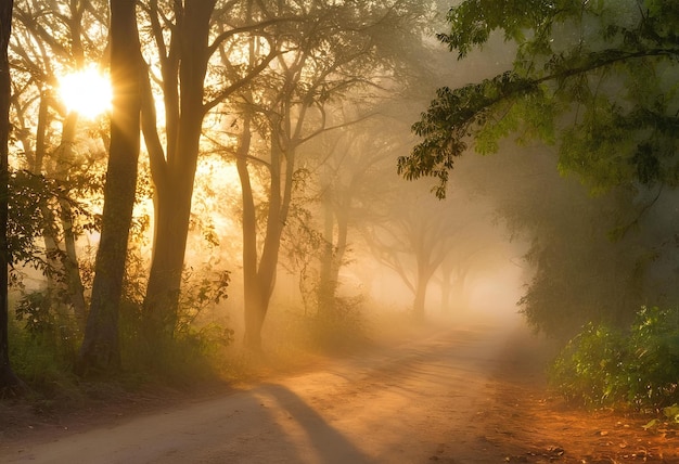 Photo the sun rises through the trees