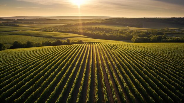 The sun rises over a vineyard.