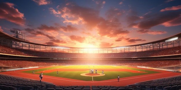 The sun rising over the baseball stadium