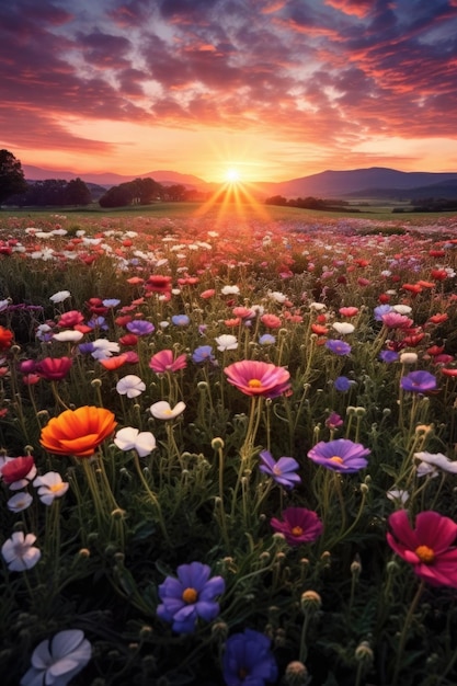 Sun rising above a blooming flower field created with generative ai