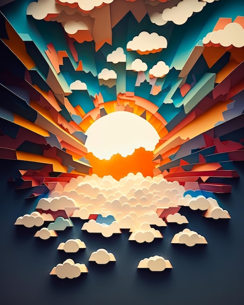 Sun rising over clouds and sky in 3d paper art style Generative AI