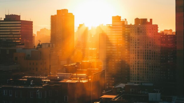 Photo sun rising behind a cluster of buildings signaling the start of a new day in the city