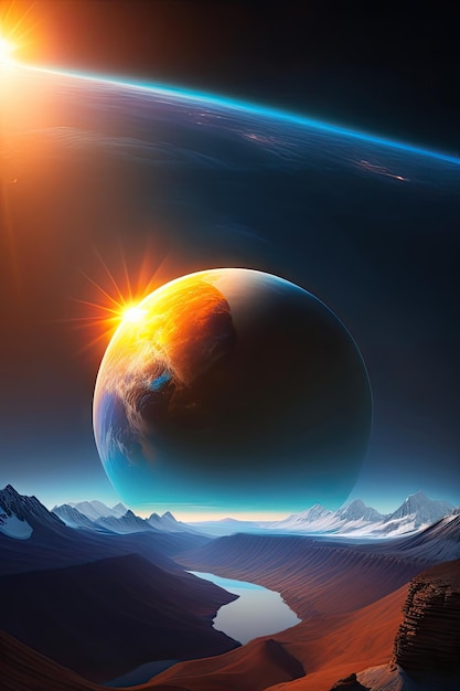 Sun rising over planet earth in space Planet view with moon horizon Astronomy background