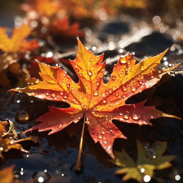The sun's rays glint off the dew drops on a maple leaf Ai Generated