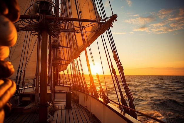 Photo sun behind the sails of a lone ship