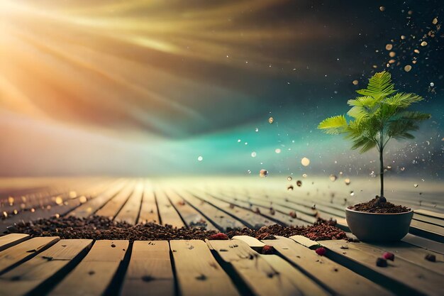 Sun and sand on a wooden table with a palm tree on the top