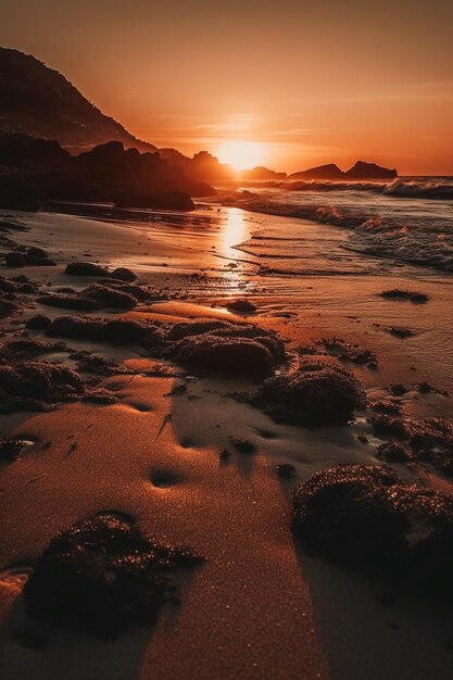 The sun sets on a beach with the ocean in the background.