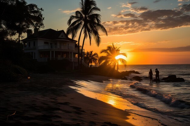 ビーチサイドの邸宅の夕暮れと日の出の風景画像