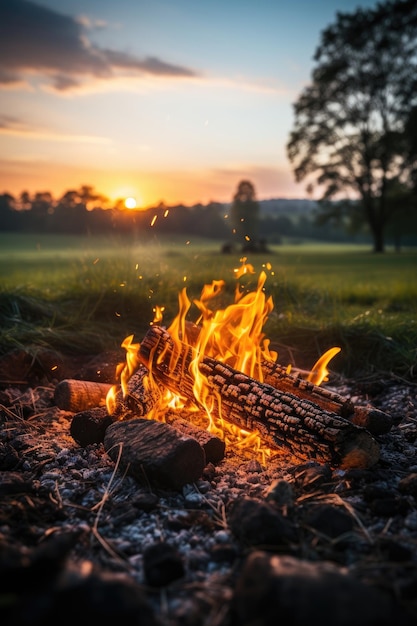 The sun sets behind a campfire in a field Generative AI