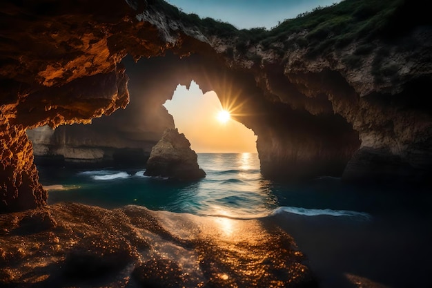 Photo the sun sets over a cave