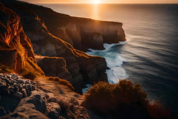 The sun sets over the cliffs