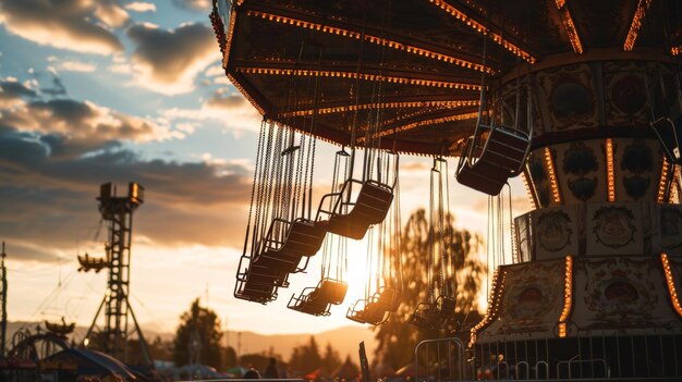 The Sun Sets Behind a Colorful Merry Go Round in the Park Carnival