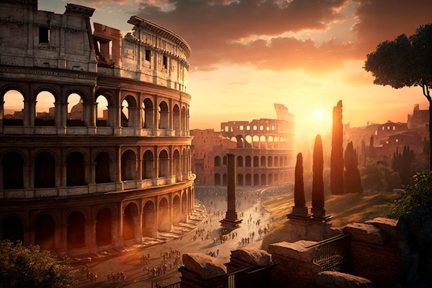 The sun sets behind the colosseum in rome.