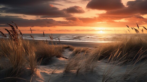 Photo the sun sets over the dunes