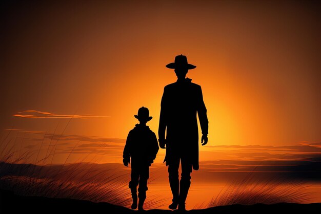 The sun sets behind a father and his kid as they stroll