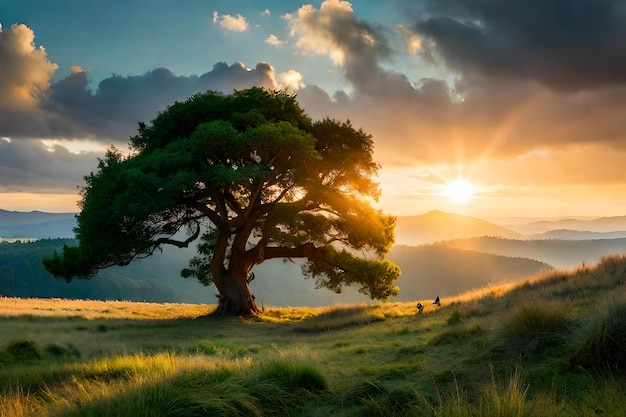 Солнце садится на поле с травой и деревьями.