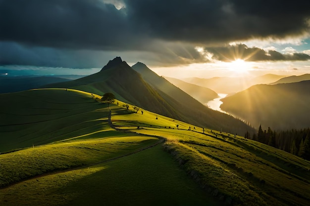 the sun sets over a green valley