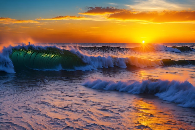 Photo sun sets on idyllic beach waves crash