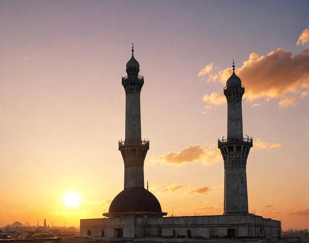 the sun sets behind the mina of the mosque