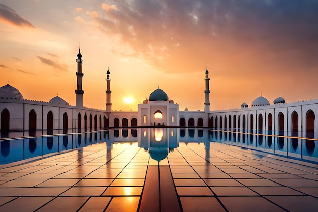 The sun sets over the mosque in the evening