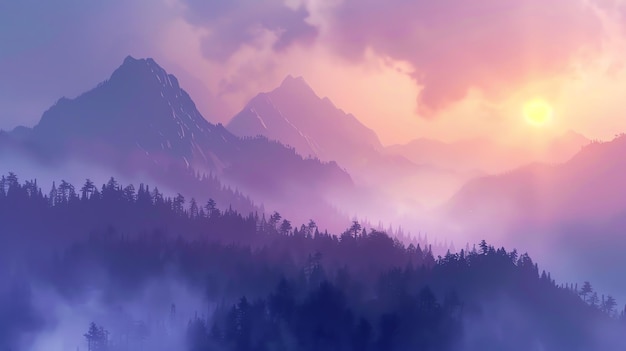 The sun sets over a mountain range casting a pink and purple glow on the landscape