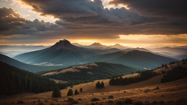 the sun sets over a mountain range.