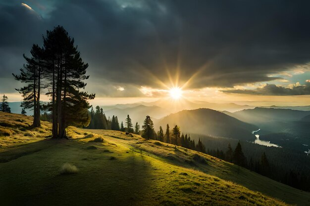 the sun sets over a mountain range.