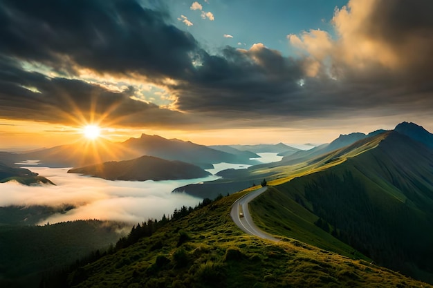 the sun sets over a mountain road.